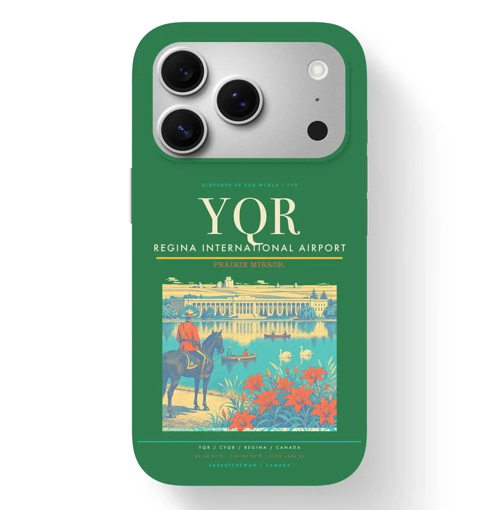 Regina Airport (YQR) design on green iPhone 17 Pro MagSafe case