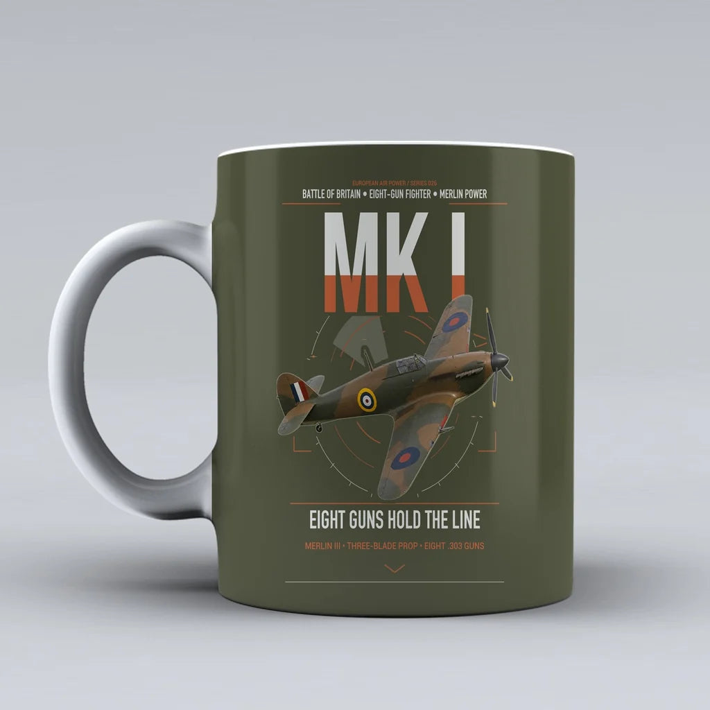 Hawker Hurricane Mk I design on green army ceramic mug, double-side print