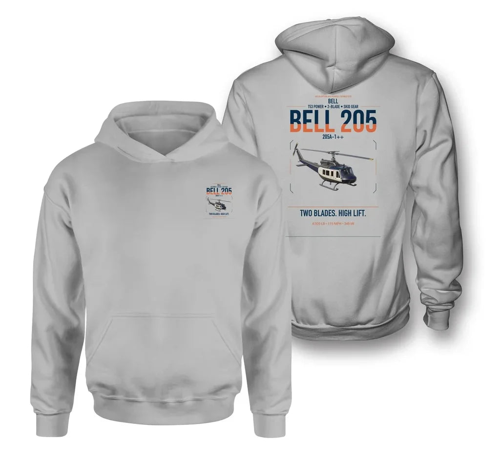 Bell 205A-1++ design on light gray double-side hoodie, double-side print