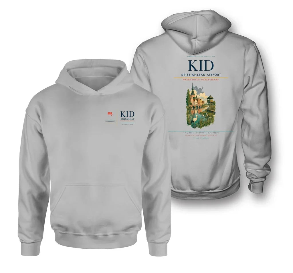 Kristianstad Airport (KID) design on light gray double-side hoodie