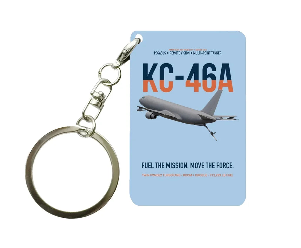 KC-46A PEGASUS design on light blue designed key chain, double-side print