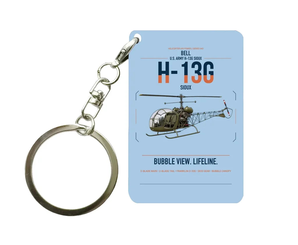 Bell H-13G Sioux design on light blue designed key chain, double-side print