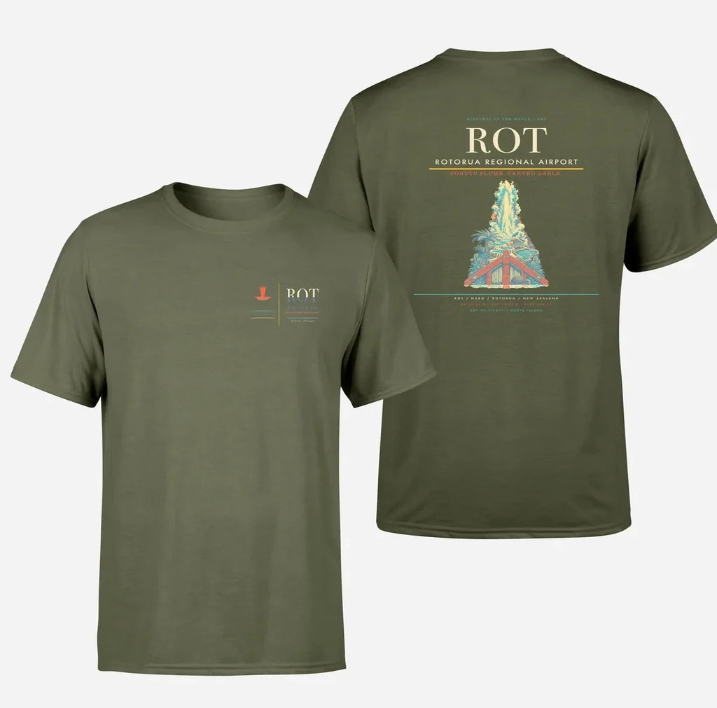 Rotorua Regional Airport (ROT) design printed on green army double-side t-shirt