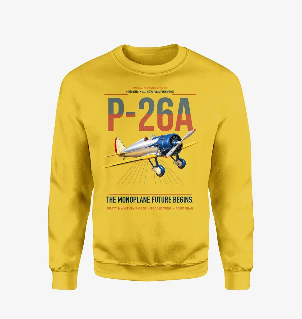 Boeing P-26A Peashooter design on yellow sweatshirt