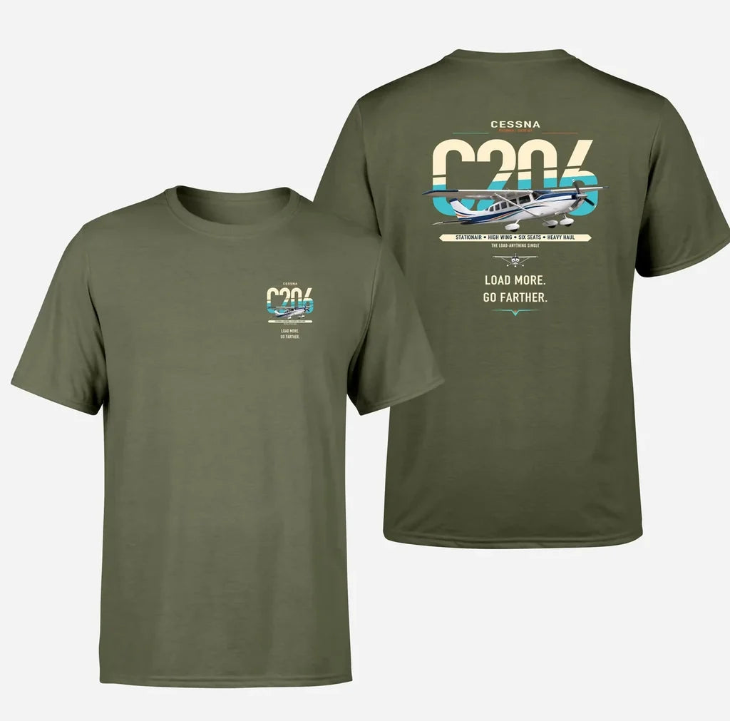 Cessna 206 Stationair design on green army t-shirt, double-side print