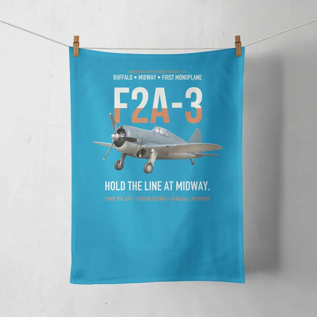 F2A-3 Buffalo Hold the Line at Midway design on turquoise towel