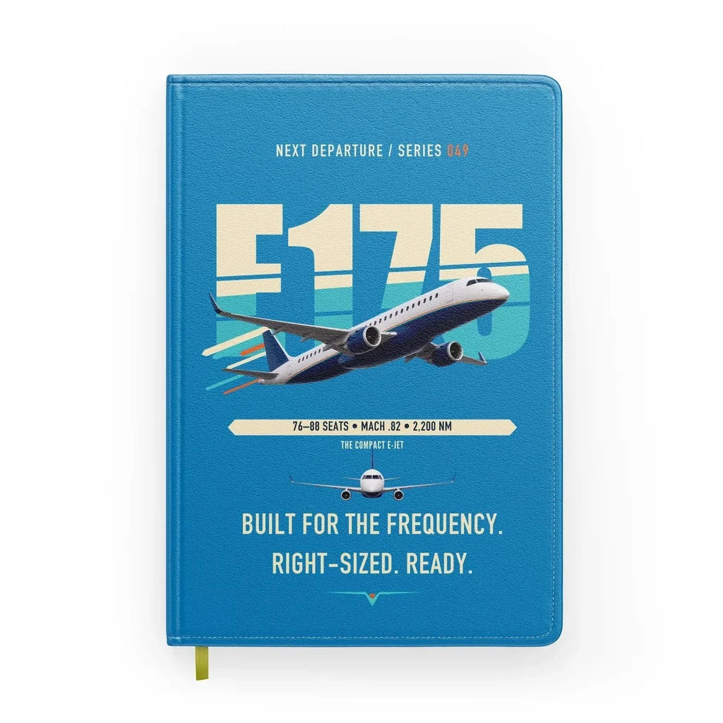 Embraer E175 design on turquoise notebook