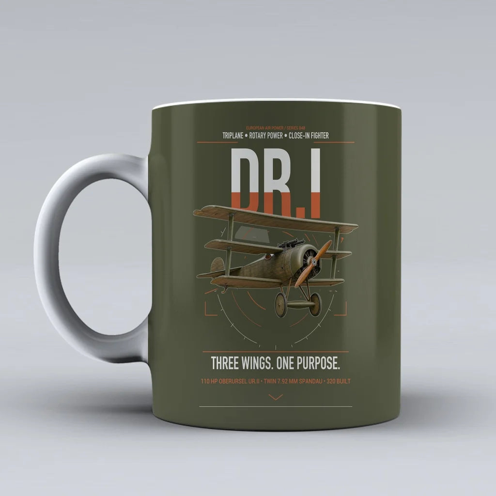Fokker Dr.I design on green army ceramic mug, double-side print