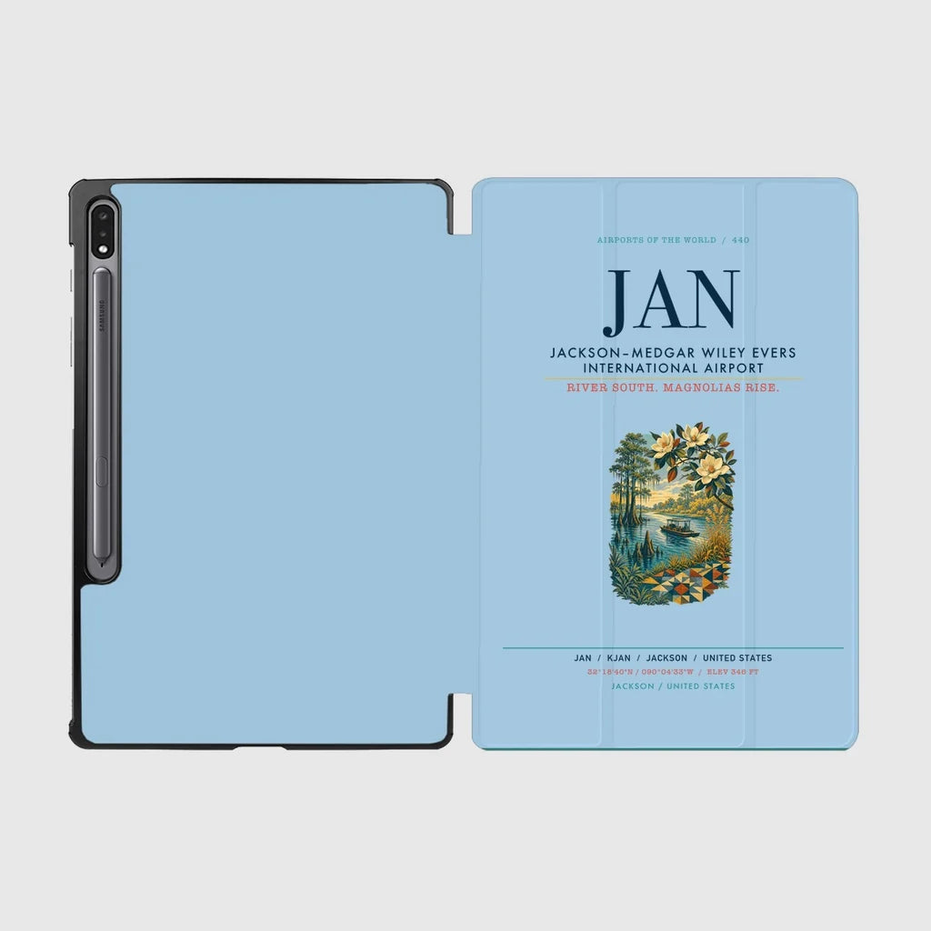 Jackson–Medgar Wiley Evers International Airport (JAN) design on light blue samsung tablet tablet case