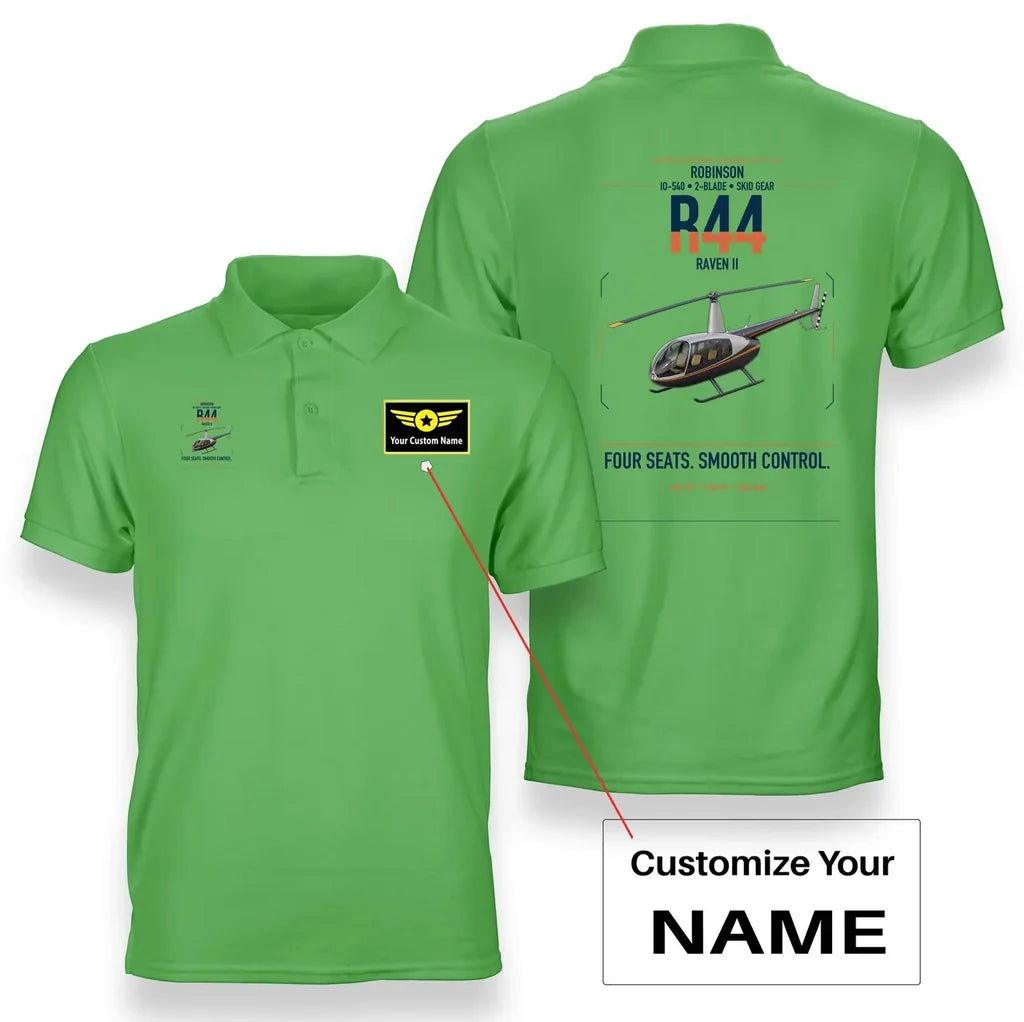 Robinson R44 Raven II design on light green+name double-side polo t-shirt, double-side print