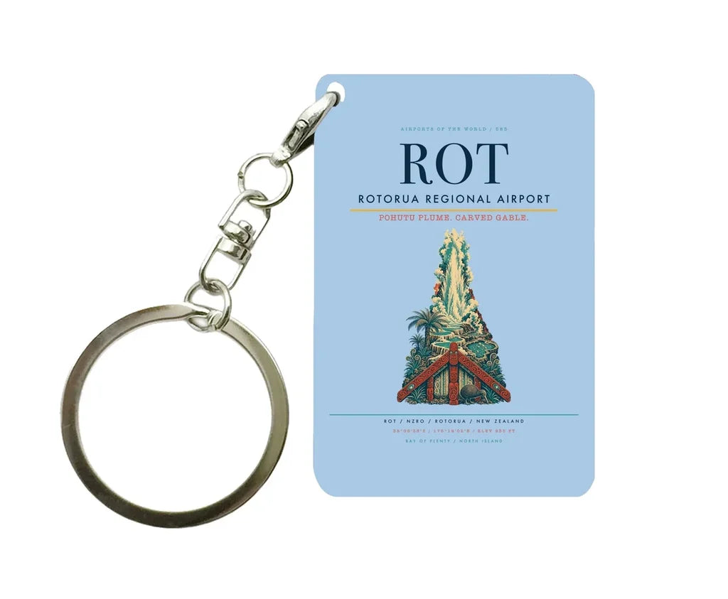 Rotorua Regional Airport ROT Key Chain design on light blue key chain