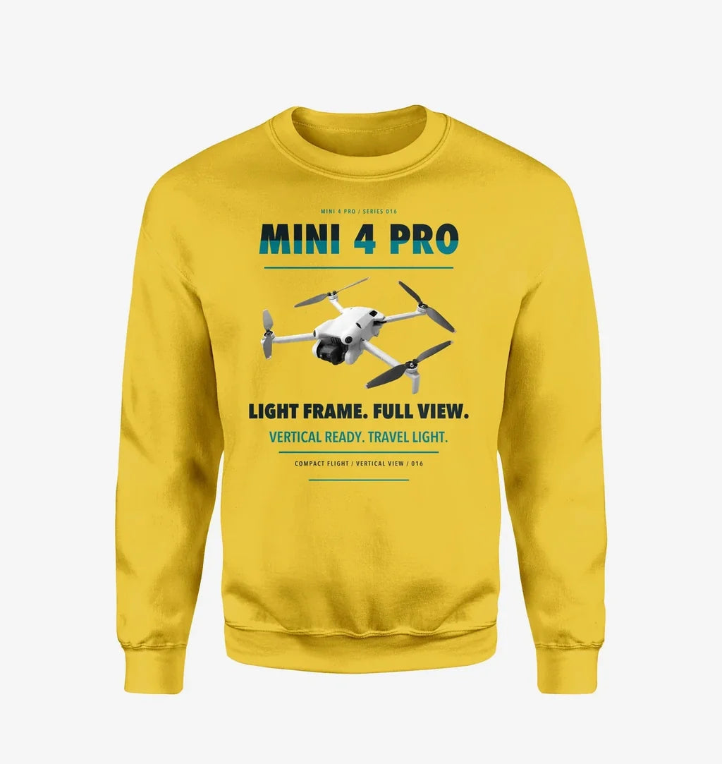 DJI Mini 4 Pro design on yellow sweatshirt