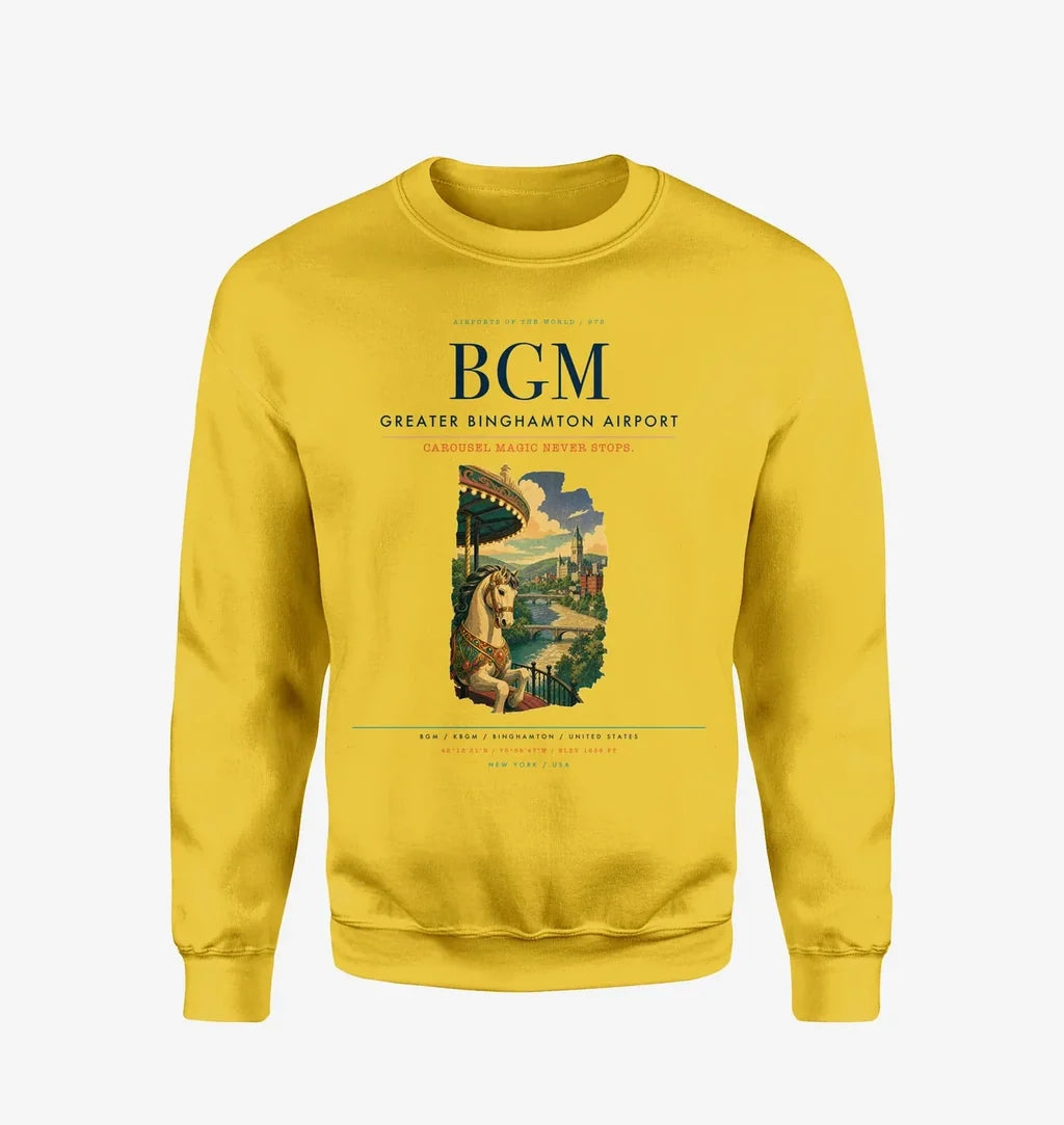 Greater Binghamton Airport (BGM) design on yellow sweatshirt