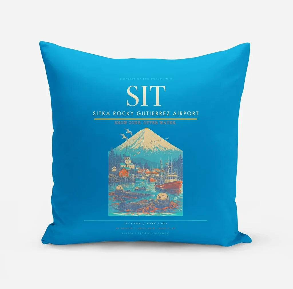 Sitka Rocky Gutierrez Airport (SIT) design on turquoise pillow