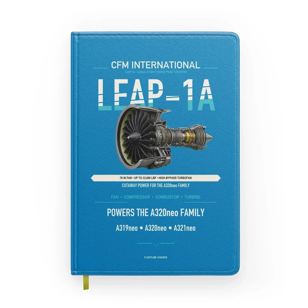 CFM LEAP-1A design on turquoise notebook