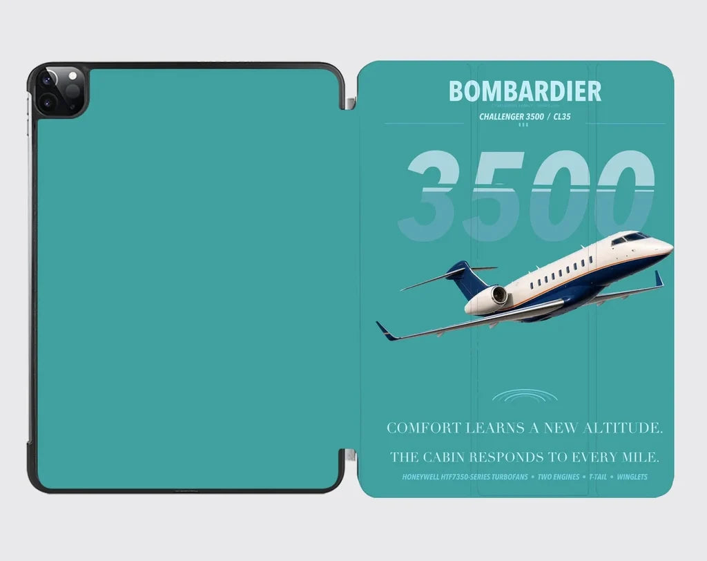 Bombardier Challenger 3500 design on turquoise ipad tablet case