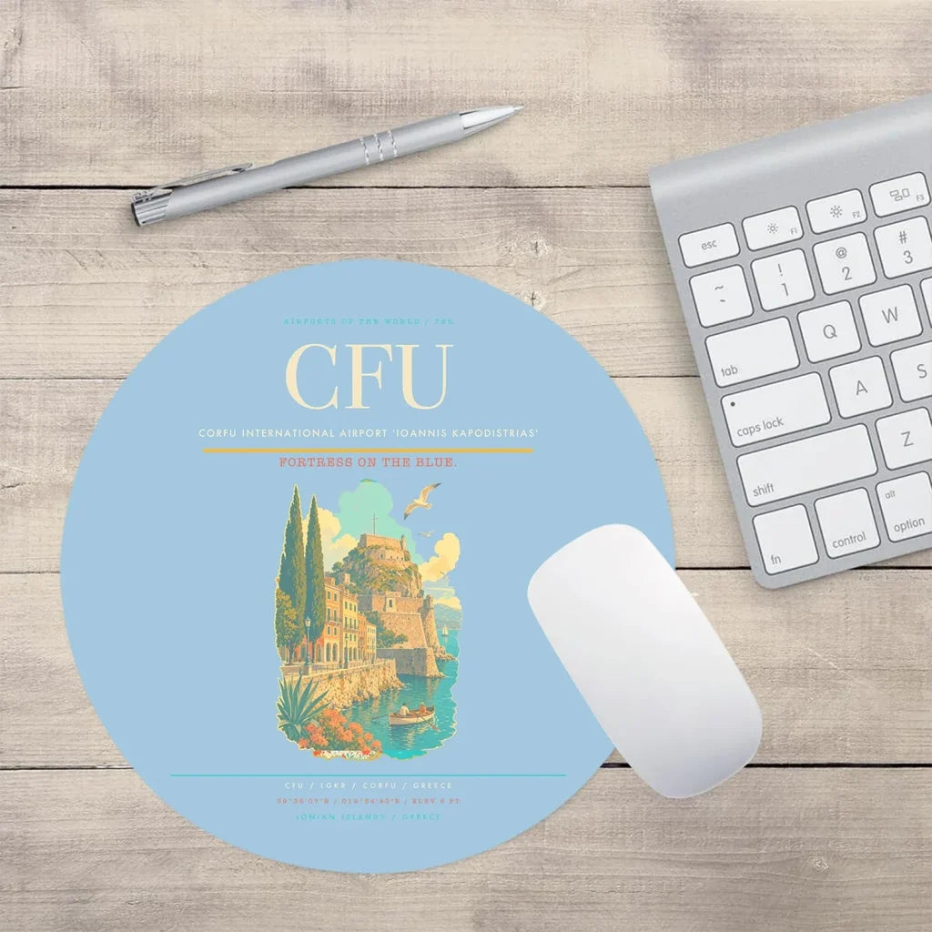 Corfu International Airport 'Ioannis Kapodistrias' CFU Mouse-Pad Round - Light Blue