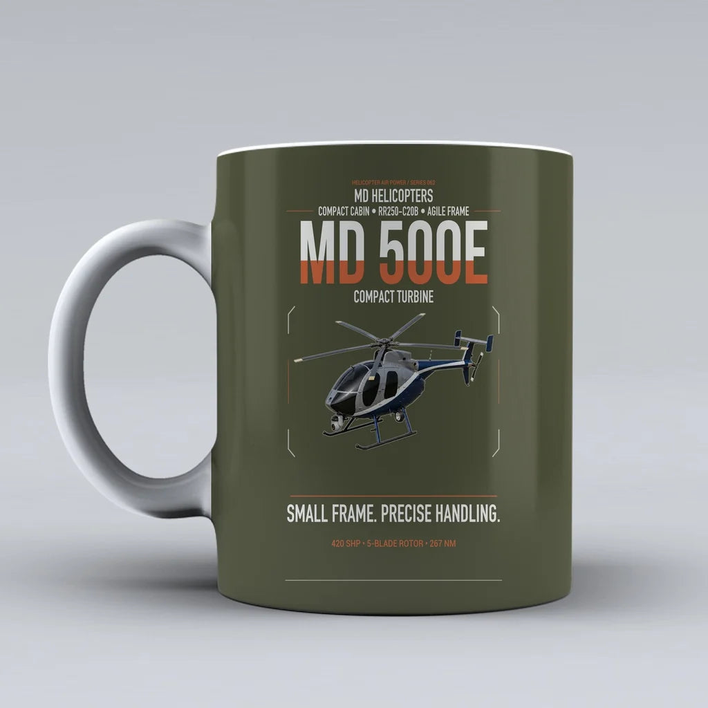 MD Helicopters MD 500E design on green army ceramic mug, double-side print