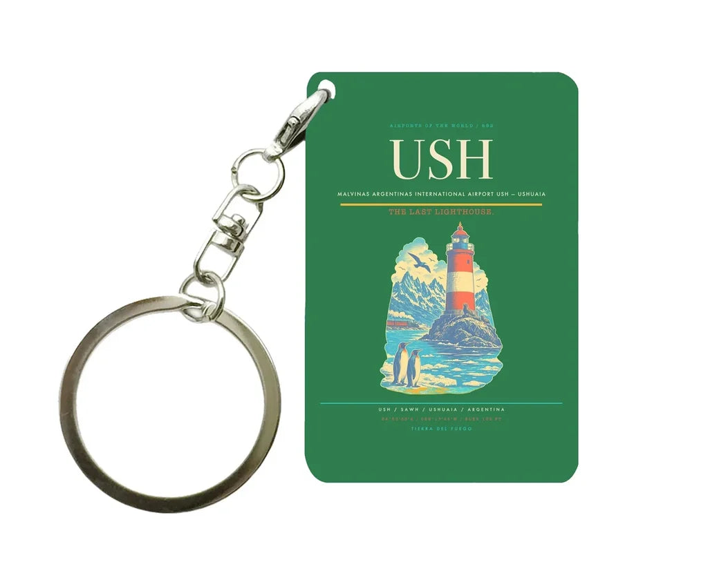 Malvinas Argentinas International Airport (USH) design on green key chain