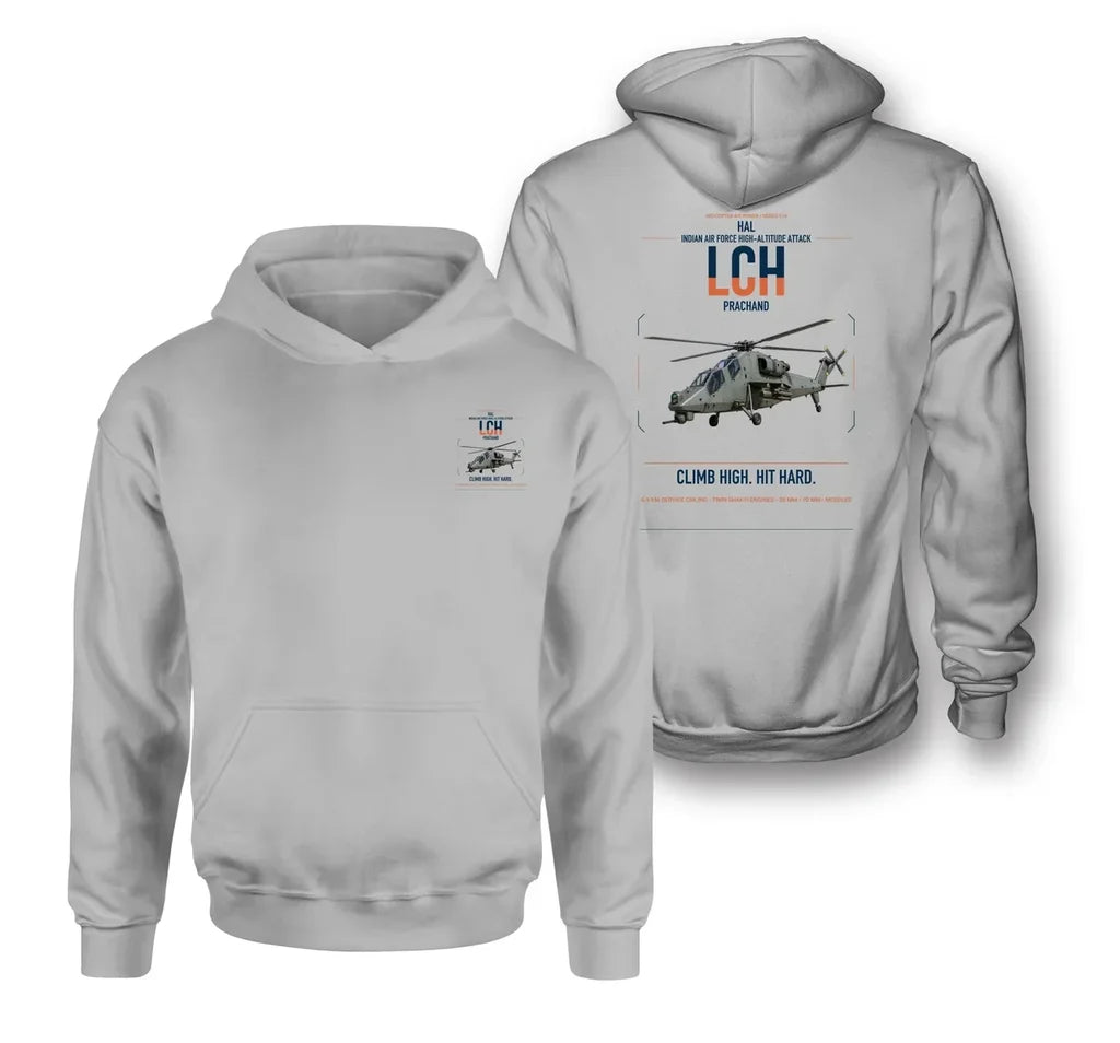 HAL LCH Prachand design on light gray double-side hoodie, double-side print