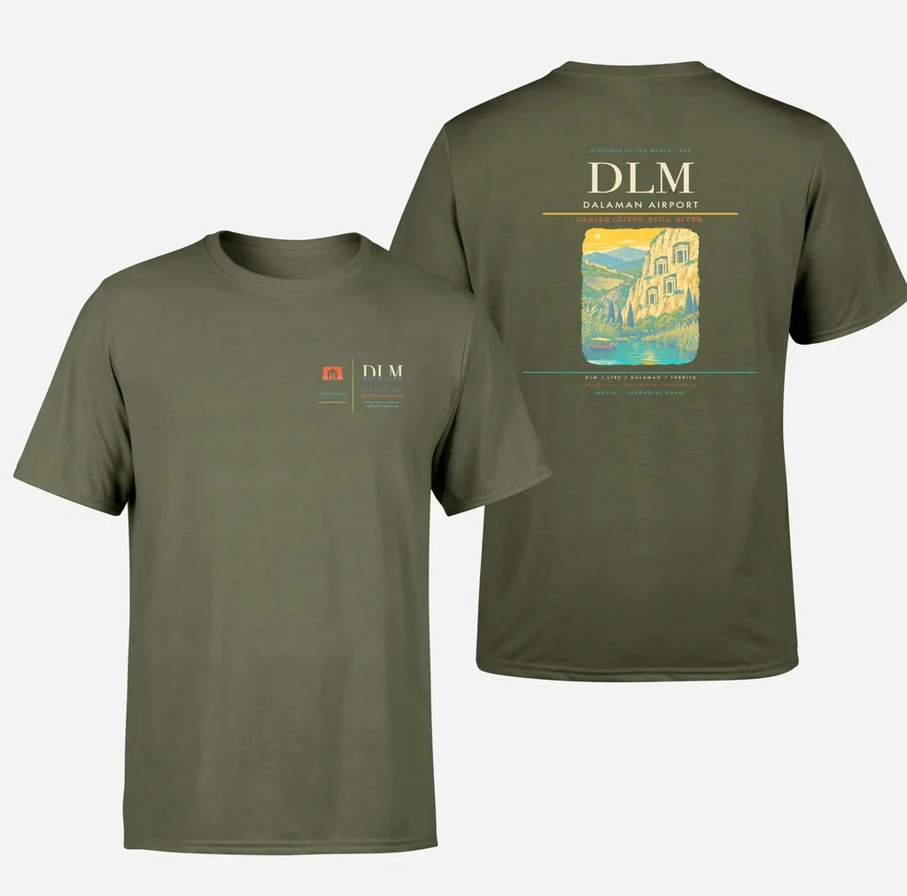 Dalaman Airport (DLM) design printed on green army double-side t-shirt