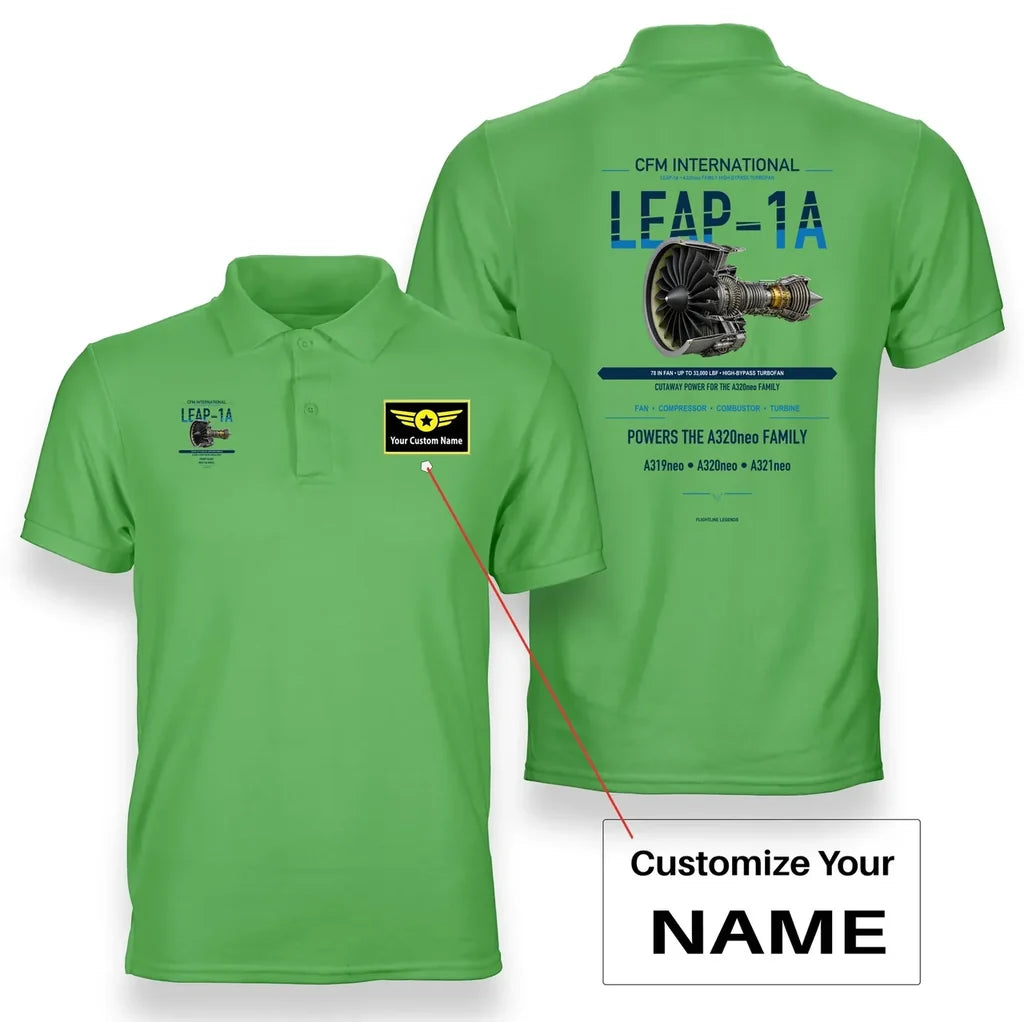 LEAP-1A design on light green polo with custom name badge