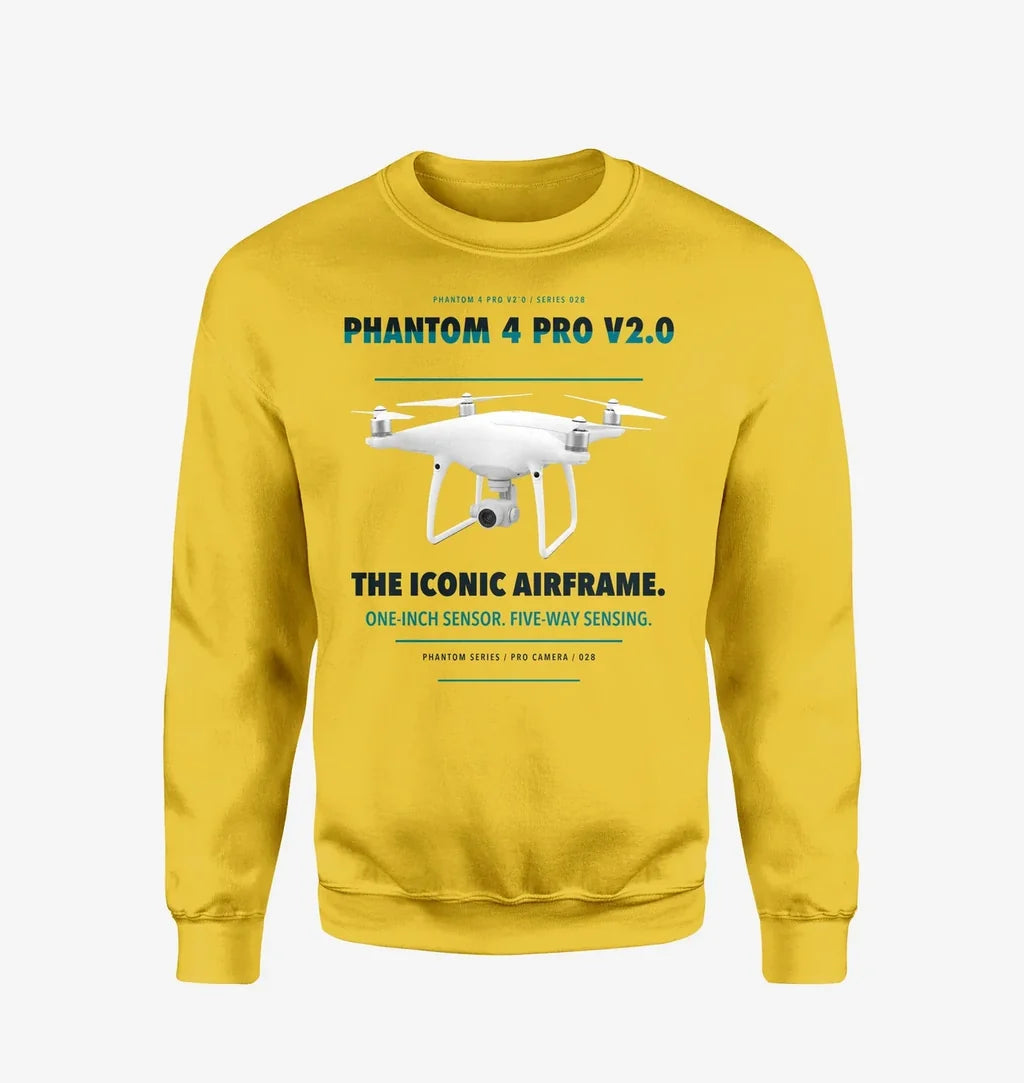DJI Phantom 4 Pro V2.0 design on yellow sweatshirt