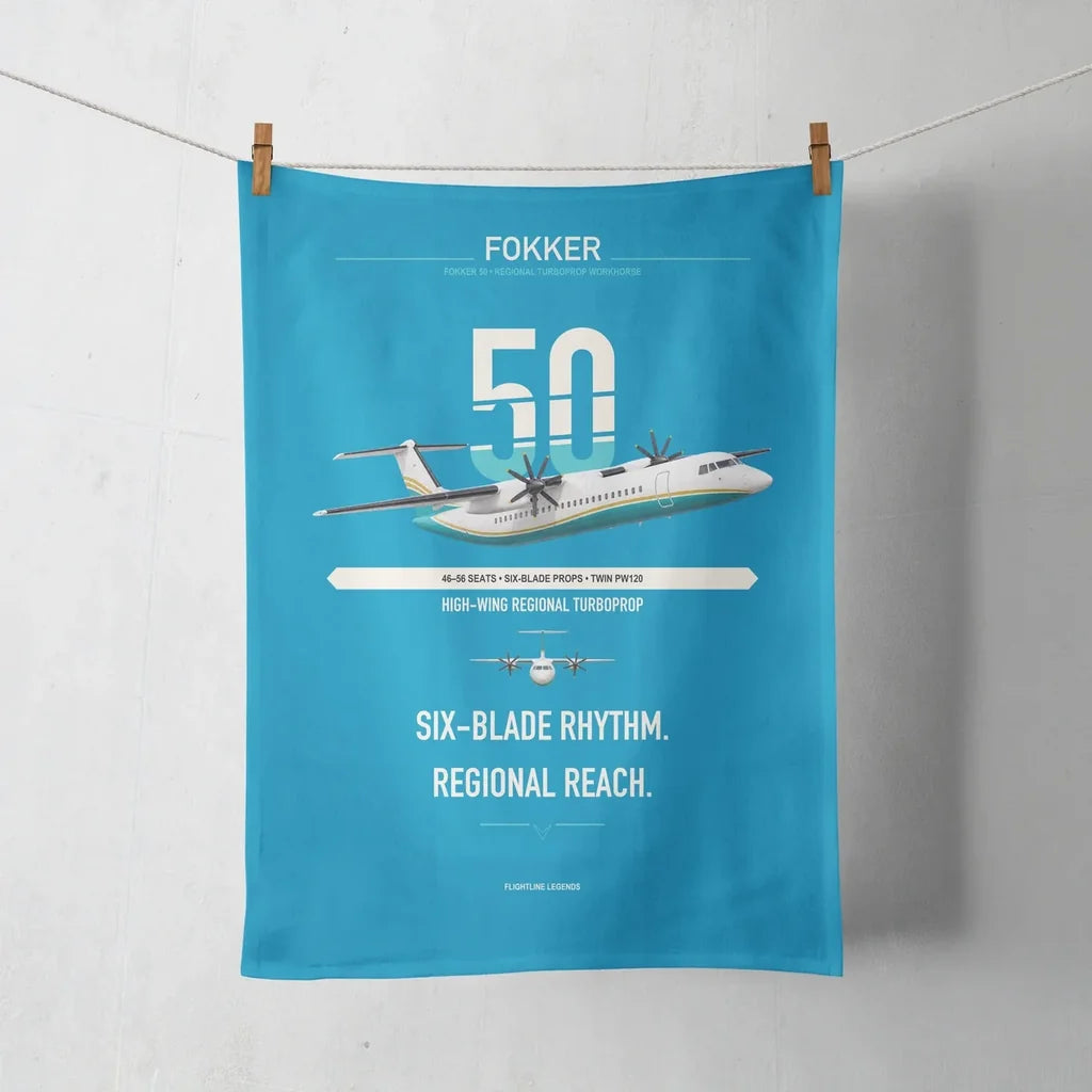 Fokker 50 design on turquoise towel