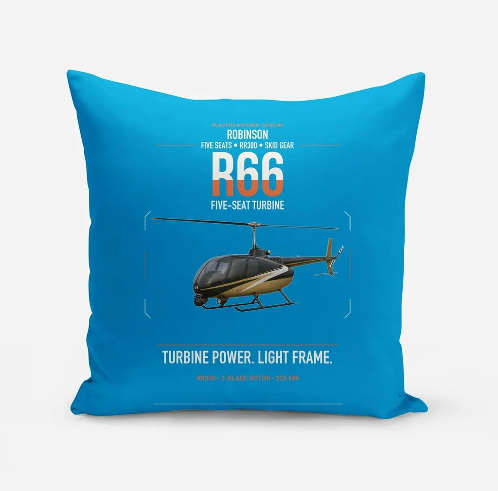 Robinson R66 design on turquoise pillow