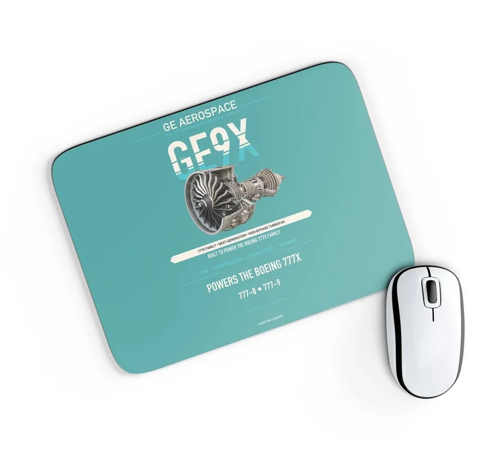 GE9X design on turquoise rectangle mouse pad