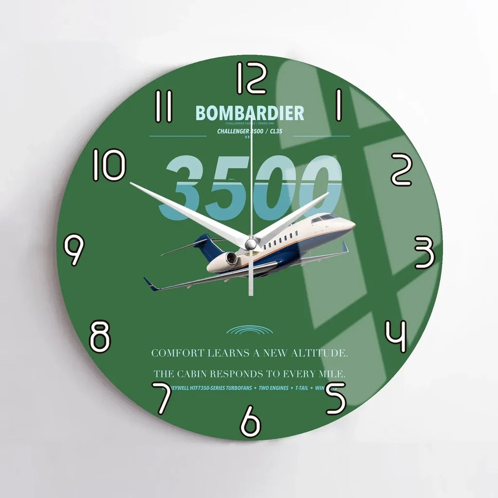 Bombardier Challenger 3500 design on green no frame wall clock