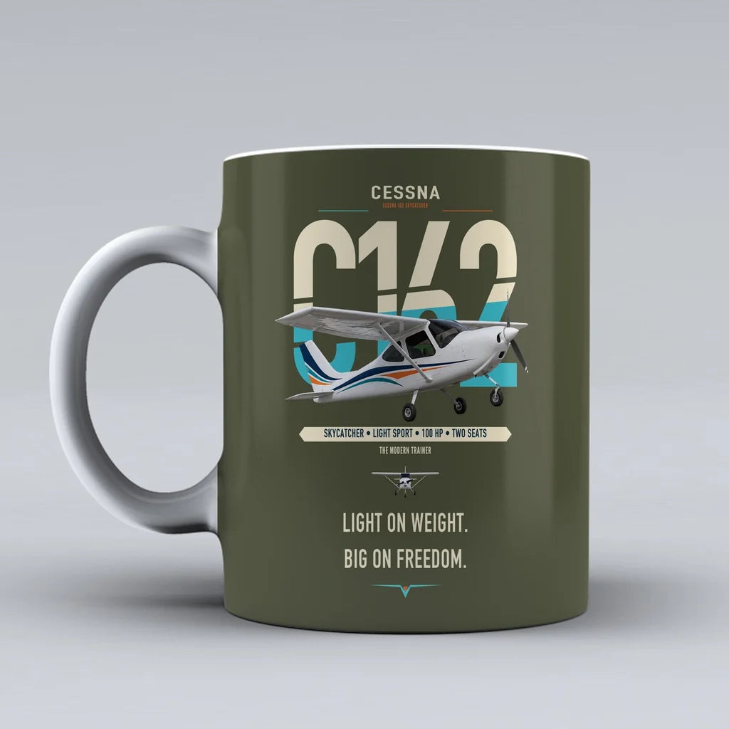 Cessna 162 Skycatcher design on green army ceramic mug, double-side print