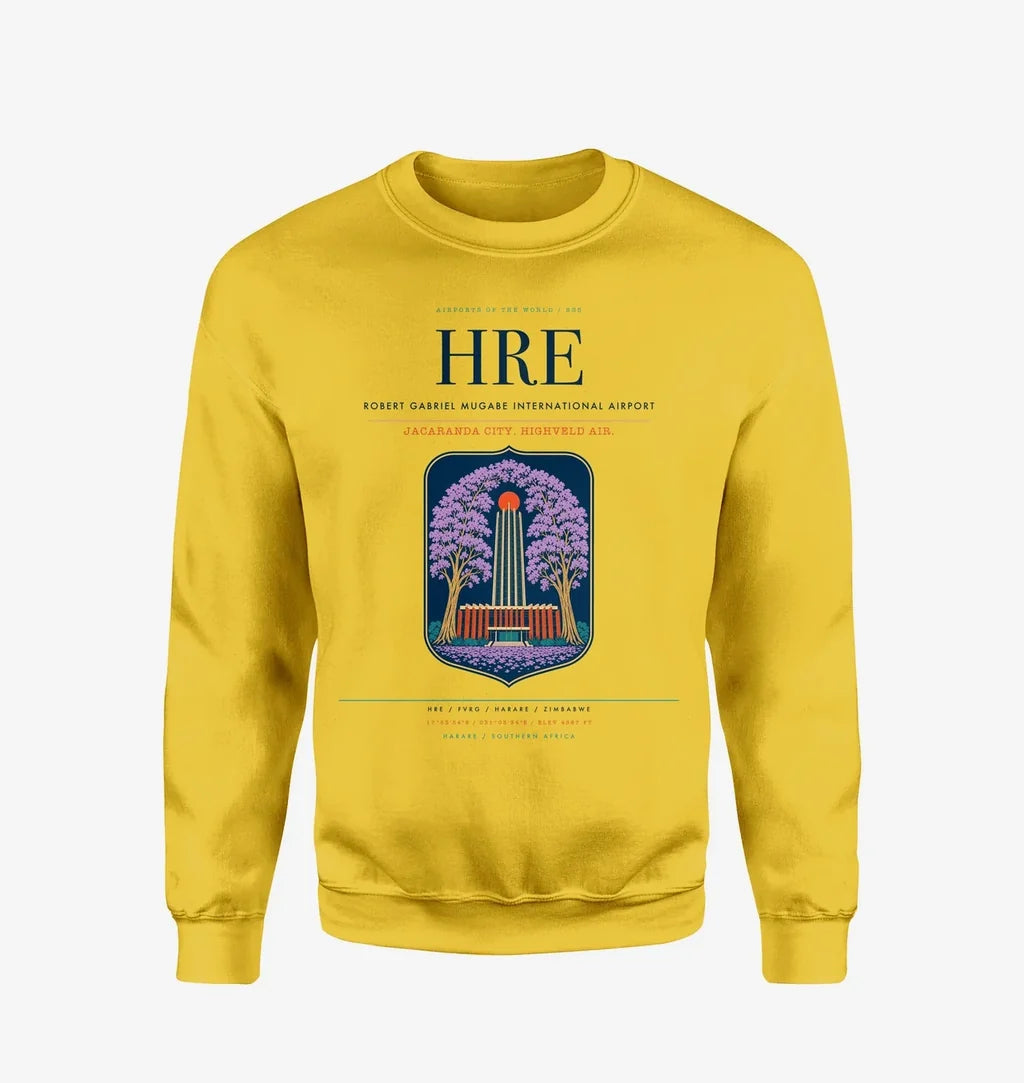 Robert Gabriel Mugabe International Airport (HRE) design on yellow sweatshirt