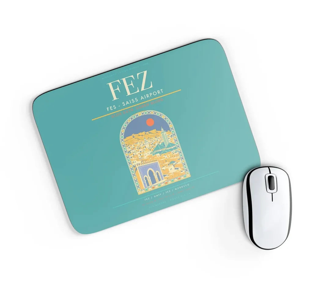 Fes (FEZ) design on turquoise rectangle mouse pad