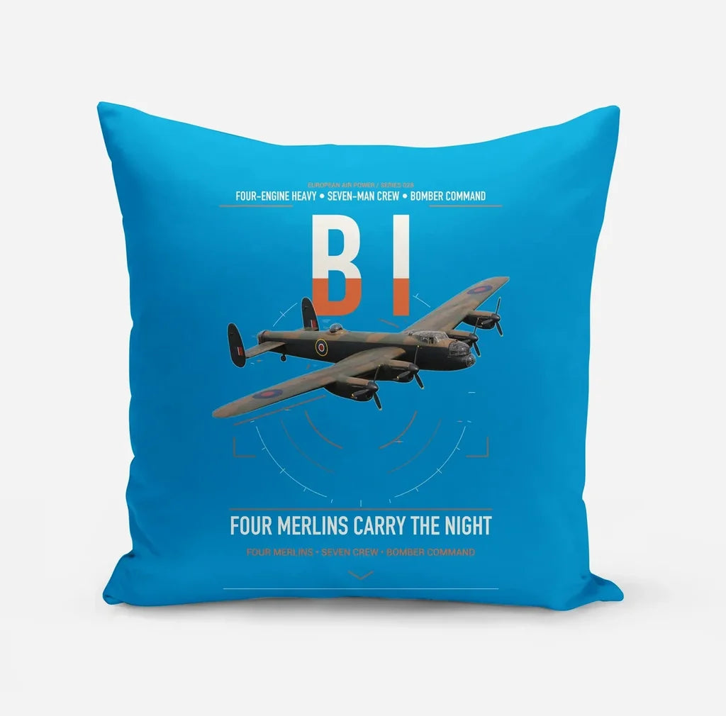 Avro Lancaster B I design on turquoise pillow