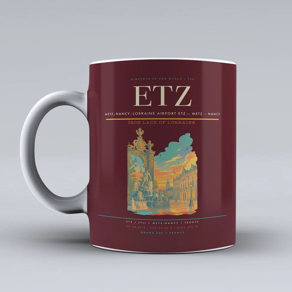 Metz–Nancy–Lorraine Airport (ETZ) airport code design on dark red ceramic mug