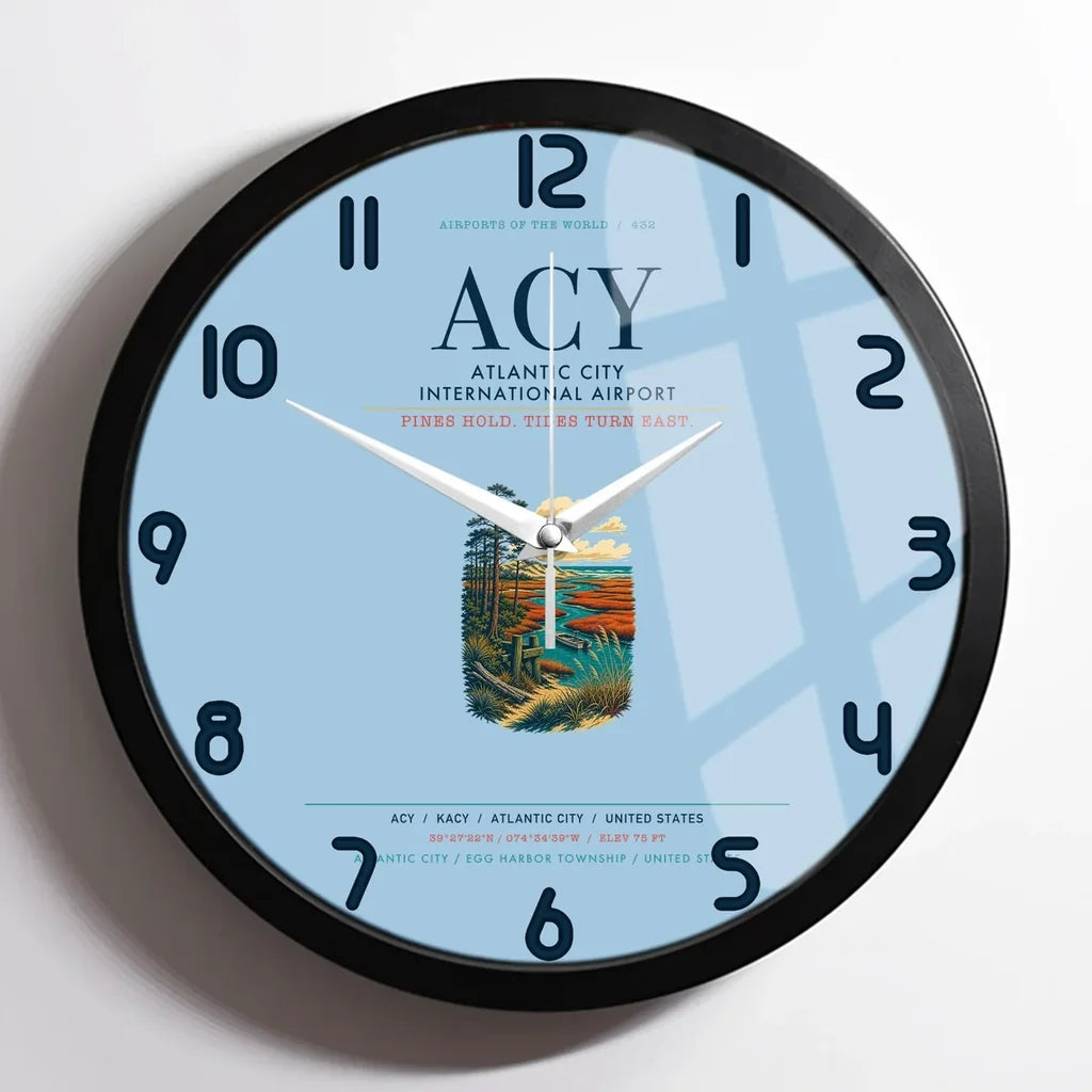 Atlantic City International Airport (ACY) design on light blue framed wall clock