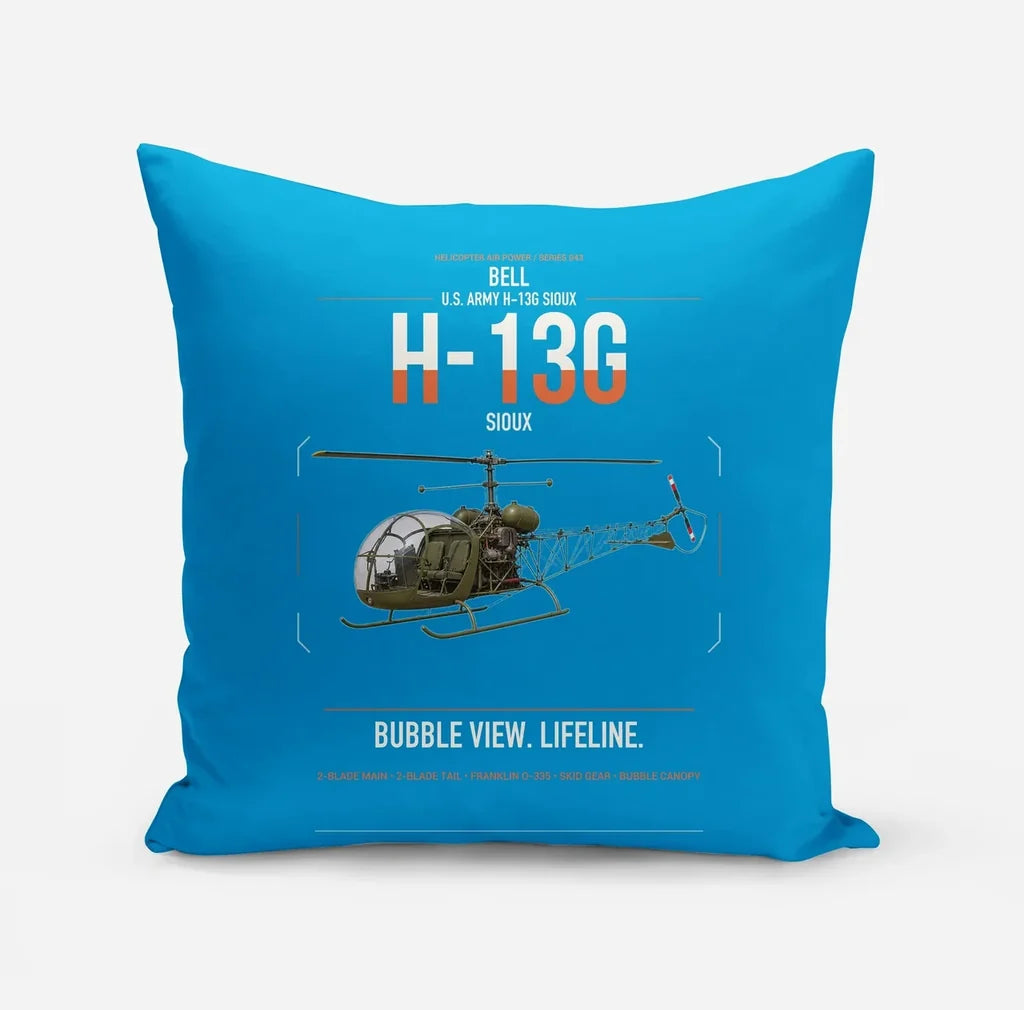 Bell H-13G Sioux design on turquoise pillow