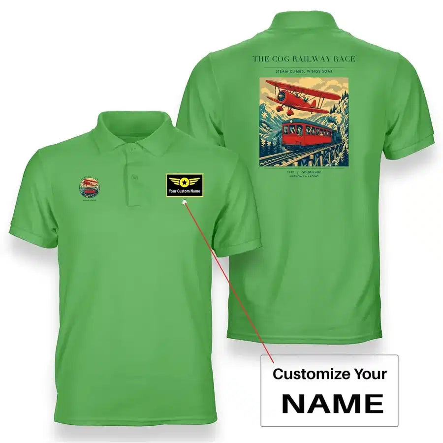 VINTAGE G4347 - The Cog Railway Race - Double-Side Polo T-Shirt design on lightgreen+name