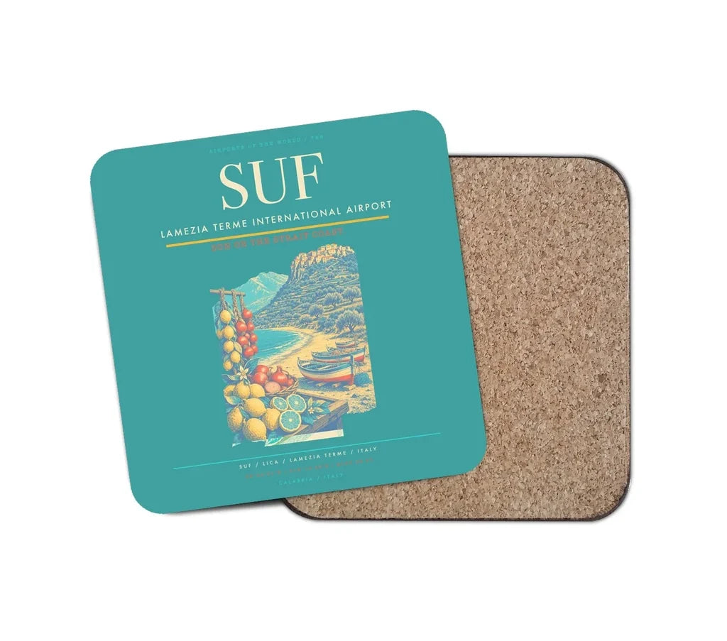 Lamezia Terme International Airport (SUF) design on turquoise 1 piece coaster