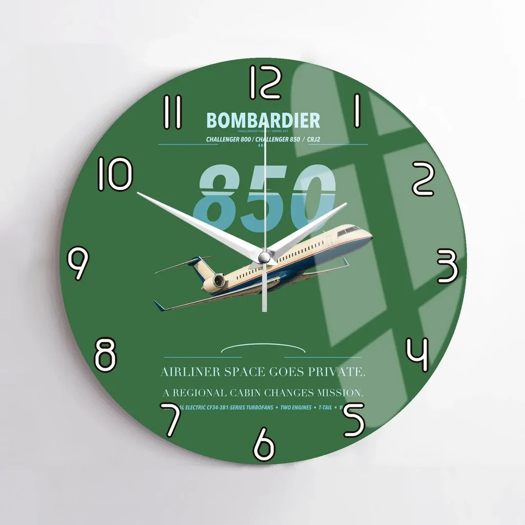 Bombardier Challenger 850 design on green no frame wall clock