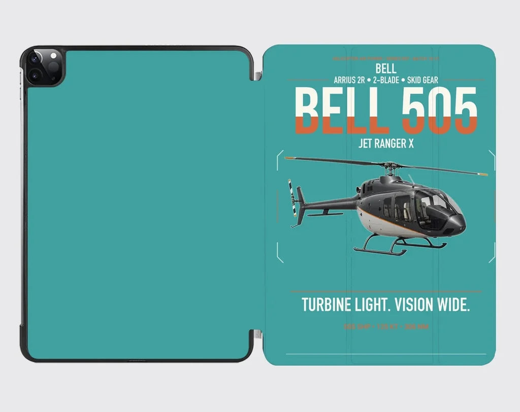 Bell 505 Jet Ranger X design on turquoise ipad tablet case