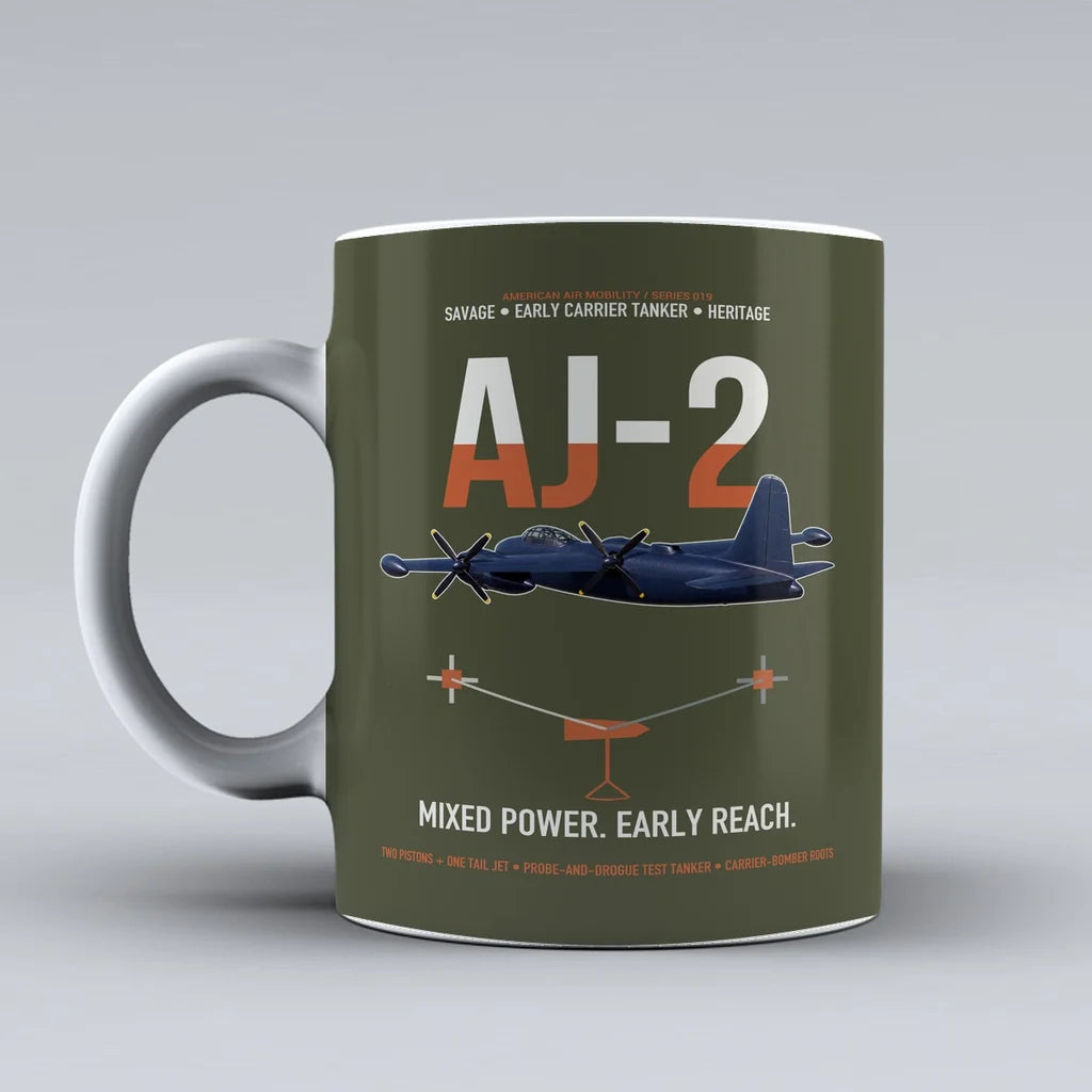 AJ-2 Savage Tanker design on green army ceramic mug, double-side print