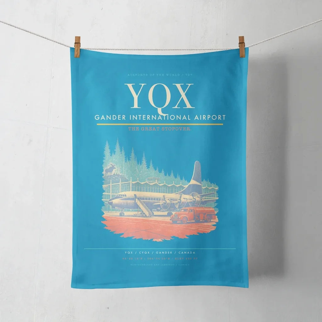 Gander International Airport (YQX) design on turquoise towel