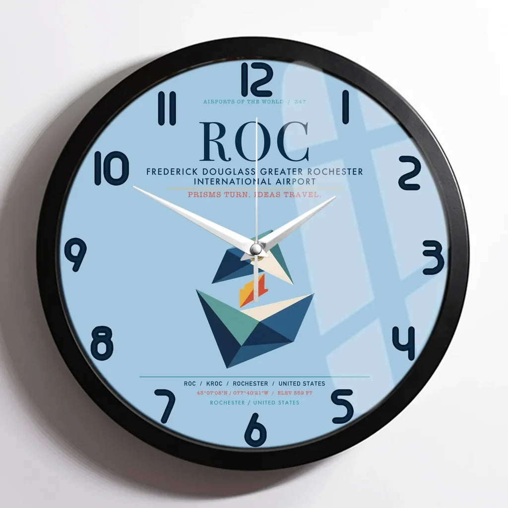 Frederick Douglass Greater Rochester International Airport (ROC) design on light blue framed wall clock