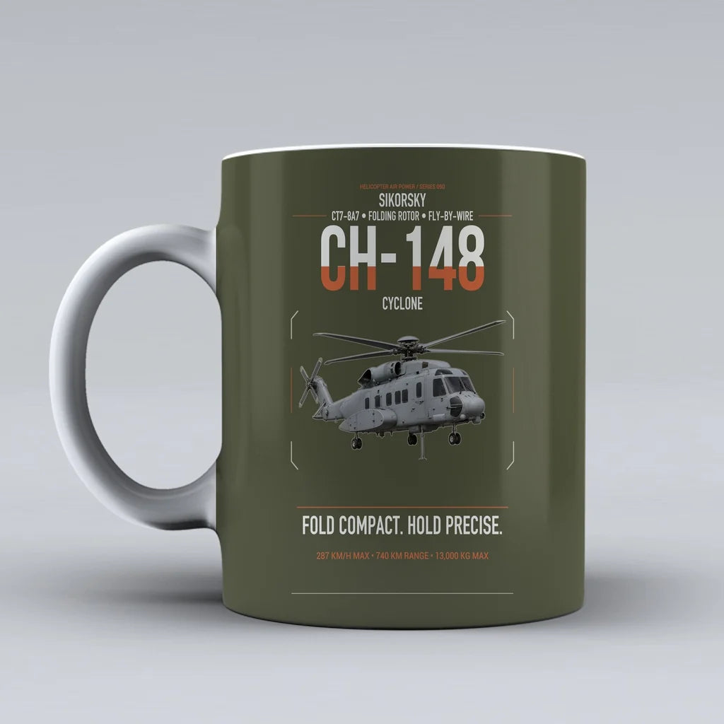 Sikorsky CH-148 Cyclone design on green army ceramic mug, double-side print