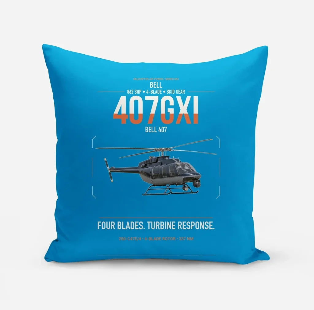 Bell 407GXi design on turquoise pillow