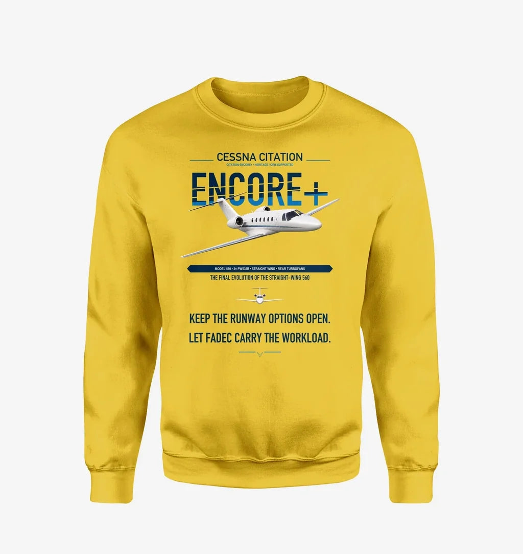 Cessna Citation Encore+ design on yellow sweatshirt