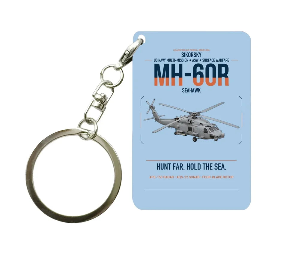 Sikorsky MH-60R Seahawk design on light blue designed key chain, double-side print