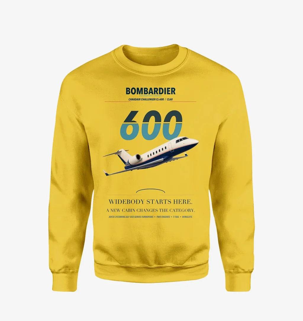 Bombardier Challenger 600 design on yellow sweatshirt